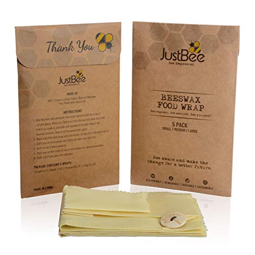 Beeswax Reusable Wrap - 5 Pack Made With 100% Organic Cotton - Plastic Free Food Storage - Eco-Friendly, Sustainable & Biodegradable