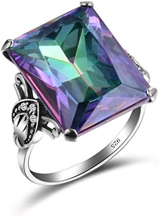 SZJINAO Simulate Mystic Rainbow Topaz Gemston Women's Ring Antique 925 Sterling Silver Mens Jade Ring