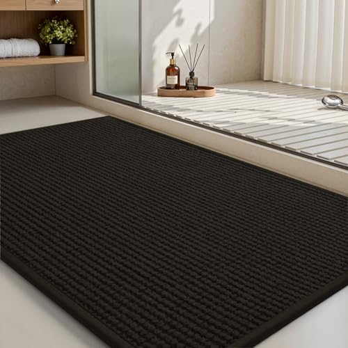 MontVoo Bath Mat,Chenille Absorbent Bathroom Mat Quick Dry Rubber Backed Bathroom Rugs Non Slip Washable Bath Mats,Ultra Thin Bathroom Rugs Fit Under Door,17"x28",Black