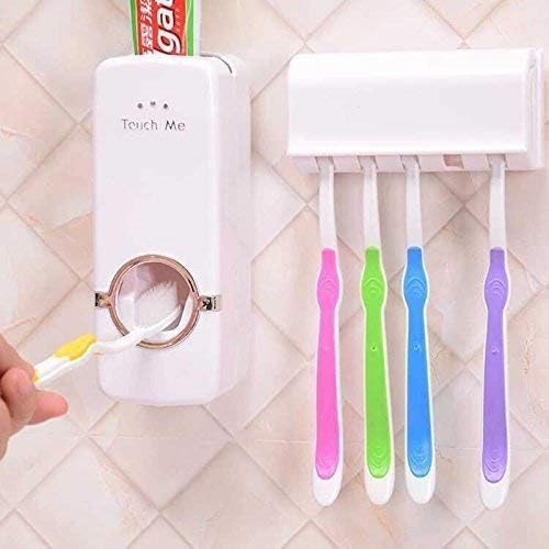 Shreenova BESQUE Plastic Hands-free Dust-Proof Wall Mounted Cover Automatic Toothpaste Dispenser and Detachable Hole 5 Toothbrush Holder (Standard Size)