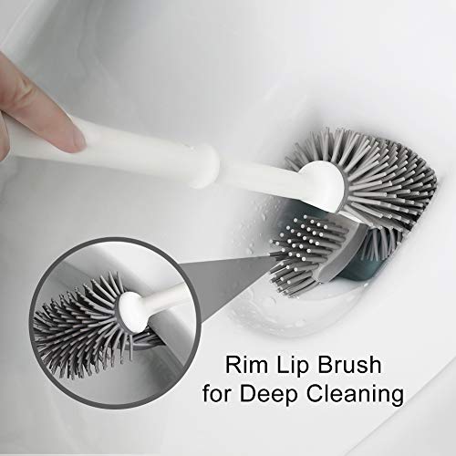 Joomoon Toilet Brush and Holder Set Good Grip Hideaway Compact Silicone Bristles Bathroom Cleaning Bowl Brush Kit with Rim Lip Toilet Bowl Brush and Holder Cleaner Set White