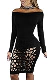 Pretid Women Off Shoulder Burning Hole Hollow Out Flowers Bandage Dress