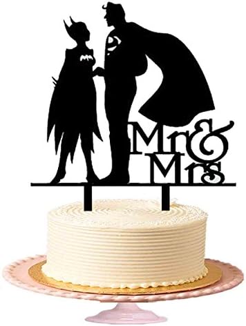 "Mr & Mrs" with Batman & Wonder Women Wedding Cake Topper, Wedding Anniversary Cake Topper Acrylic Cake Topper in Shiny Black (Design-#-1)