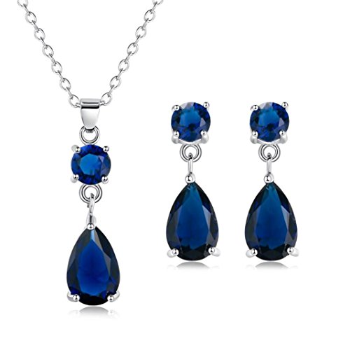 Keliay Womens Zircon Round Pendant Earring Necklace Ornament Jewellery Suit Best for Gift (Blue) - Thumbnail 2