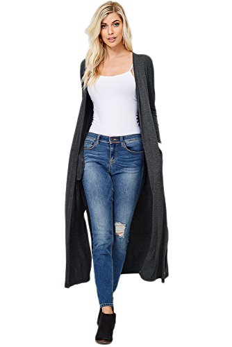 Annabelle Women's Comfy Long Sleeve Open Front Side Slit Duster Cardigan With Pockets Mid Grey Small T1163B