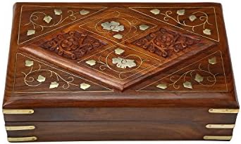 Gorgeous Hand Carved Rosewood Trinket Jewelery Box in Diamond Shape with Brass Inlay & Velvet Interior, Gift Ideas by Inde Gallery