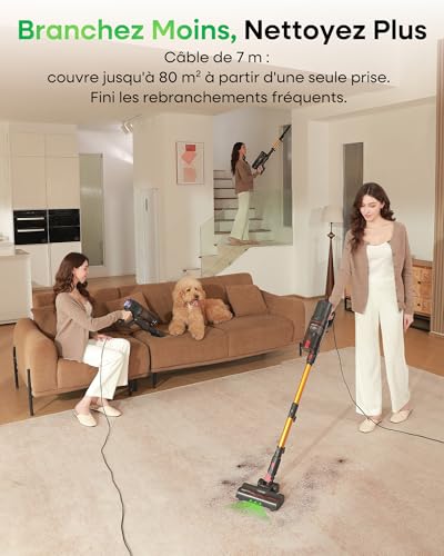 FV2 Aspirateur Balai avec Fil, 65Kpa/600W Aspirateur sans Sac Puissant, Brosse Matelas, 1,3KG Léger, Câble 7M, 1,5L, Brosse Anti-Enroulement & Autoportante pour Tapis, Sols, Poils d’Animaux