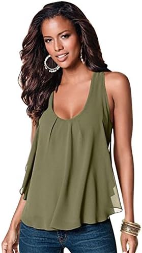 Celltronic Women Casual Sexy Bilayer Semi-sheer Sleeveless Chiffon Loose Patchwork Tank Tops(Army Green,XL)