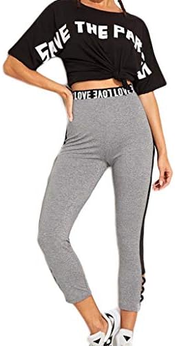 Creazrise Womens Fashion Letter Printing Hole Leggings Running Sports Gym Yoga Athletic Nine Pants