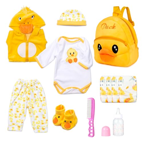 PEDOLLTREE 12pcs Set Reborn Baby Dolls Clothes Accessories with Backpack Diaper Yellow Duck for 17-22 Inch Baby Doll Reborn Doll Newborn Girl&Boy
