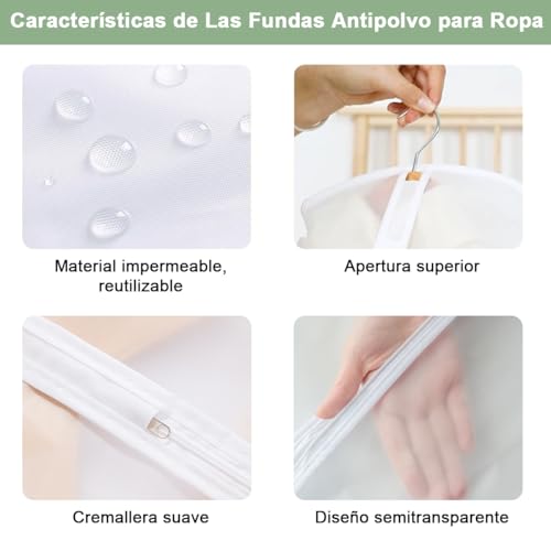 AzzmaAii Protector de Ropa 20pzs Bolsas de Ropa Colgante Funda Ropa de Clóset Cubre Anti-Polvo Almacenamiento Bolsa de Chaqueta con Cremallera Portátil Lavable Cubierta Bolsa Traje Abrigo 60*80-140CM