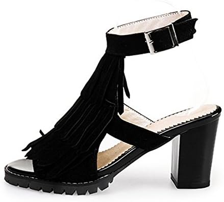 leanna Womens Shoe Open Toe Fringe Stack Block High Heel Ankle Strap Sandal