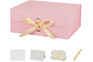 BoxSkivra Large Pink Gift Box with Ribbon 1 Pack 13X11X5.3 Inch Large Gift Box with Lid Magnetic Closure Rectangle Collapsible Luxury Wrap Box for Wedding Gifts Crinkle Cut Paper Shred with Card