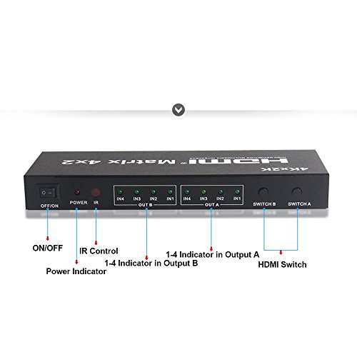 4 x 2 HDMI Matrix Switch, ZAMO 4 in 2 out HDMI HD True Matrix Switcher/Splitter, with SPDIF and L/R 3.5mm HDMI Audio Extractor, Supporting 4K/3D/1080P with IR Remote