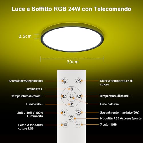 DetarZinLED 2 LED Ceiling Light Bedroom Ceiling Light 24W 2700LM 30 cm Round Dimmable Ceiling Light with Remote Control Bathroom IP44 Waterproof Colorful RGB Lights for Indoor Hallway