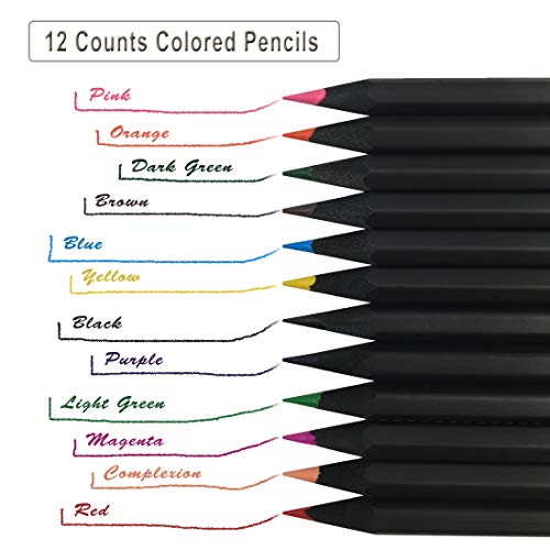 Colored Pencils, 12 Colors Black Wood Set with Sharpener, Oil Based Colored Pencils Artist Quality for Adults Coloring and Kids Doodling Drawing Painting Sketching Writing School, Pre-sharpened