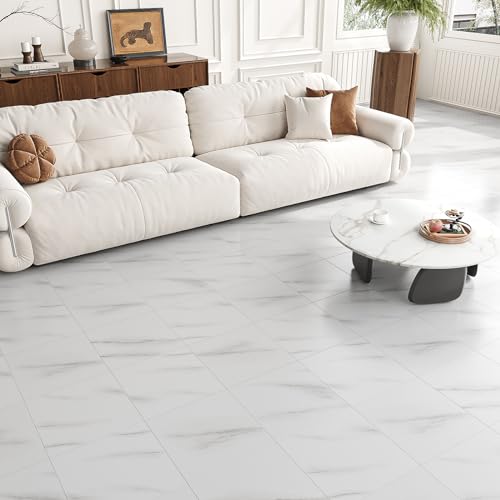 VEELIKE Waterproof Self-Adhesive Vinyl Floor Tiles Modern White Marble Effect Easy Install Peel and Stick Floor Tiles Durable PVC Flooring for Kitchen Bedroom Living Room Commercial 11.8"x11.8" 24 Pcs