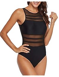 AnnJo Traje de baño sexy de una pieza con cuello alto de malla a rayas y cuello descubierta