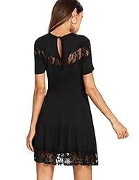 DIDK vestido corto de manga corta con escote redondo y encaje elástico de contraste suave para mujer