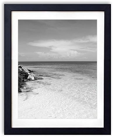 SHADENOV Black Wood Framed Wall Art - Beach Shore Rock Slabs Blocks Stones Blue water Sky Horizon - Art Print Pictures For Wall Decoration 16x24 Inches (Black and White)