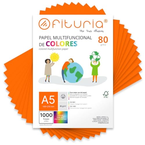 OFITURIA Gekleurd A5-papier, 80 g, 1000 vellen, kleurrijk papier voor knutselen, printers en scrapbooking, A5-vellen, ideaal voor origami, kantoor en school (oranje)