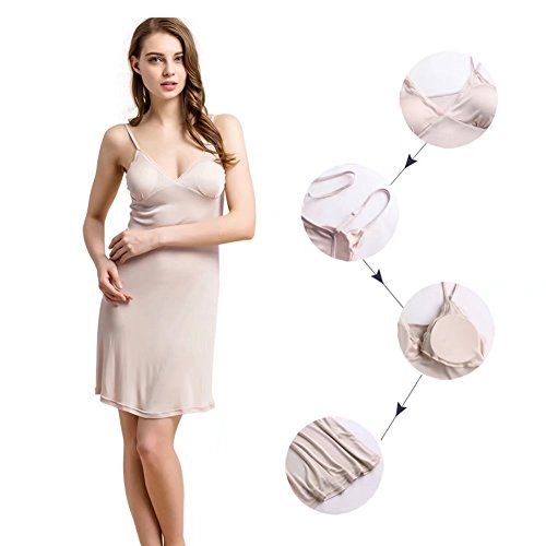 100% Mulberry Silk Long Spaghetti Strap Full Slips Dresses Built-in-Bra Removable Cup Camisole Under Dress Liner,Nude,US M