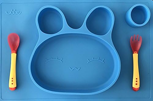Bunny Baby Silicone Placemat + Soft Tip Spoon and Fork, 15"x10", Non-Slip, Eco-Friendly, Green, Blue, Pink (Blue)