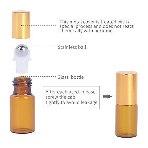 Essential Oil Roller Bottles - 3 Ml Glass Mini Amber Stainless Steel Roller Bottles （Pack of 20） Including 1 Free Heart Bag By MUB - Thumbnail 4