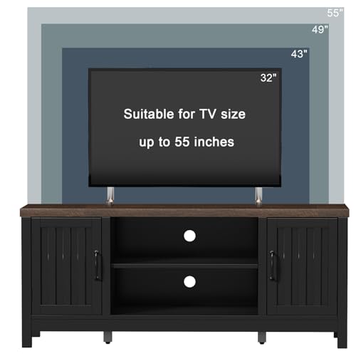 ChooChoo Farmhouse TV Stand for Televisions up to 55 inches, Entertainment Center Console Table Media Furniture with Storage Cabinets and Open Shelves, Fluted Door, for Living Room Bedroom, Black