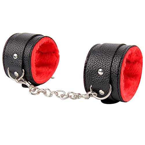 Unihoh Black and Red Handcuffs Litchi Pattern Leather Adjustable Handcuff Soft Fuzzy Cuffs Multifunctional Bangle Cuff-Strong and Durable - Thumbnail 2
