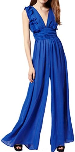 Mantos Women's Elegant Low Cut Sleeveless Ruffled Solid Wide Leg Long Jumpsuit