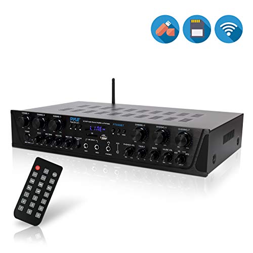 Wireless Home Audio Amplifier System-Bluetooth Compatible Sound Stereo Receiver Amp – 6 Channel 600Watt Power, Digital LCD, Headphone Jack, 1/4” Microphone in USB SD AUX RCA FM Radio-Pyle PTA66BT.5
