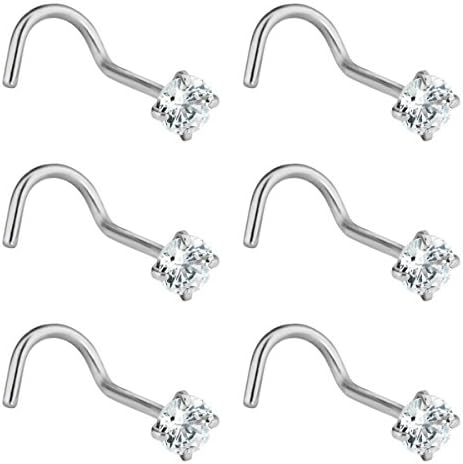 Joybeauti 3mm Stainless Steel Cubic Zirconia Bar Curved Nose Studs Rings Body Piercing Jewelry Pack of 6 Pcs (White)