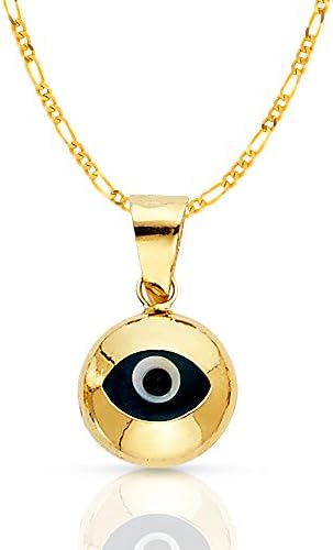 Ioka Jewelry - 14K Yellow Gold Evil Eye Round Charm Pendant with 2mm Figaro 3+1 Chain Necklace - 24"