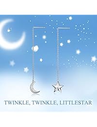 Moon and Star Earring,Sterling Silver Pull Through Threader Dangle Drop Earring Asymmetric Ear Line Long Earrings for Women Teen Girls