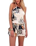 PAKULA Women's Floral Print Casual Romper Blackless Short Jumpsuit, Small, Beige Beige Small