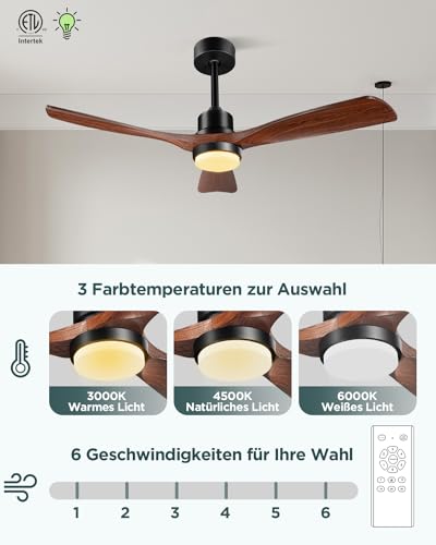 Forrovenco Ceiling Fan with Light 152 cm / 60 Inches, with Lighting & Remote Control, Outdoor Ceiling Fans for Patio, Quiet DC Motor, 3 Solid Wood Blades, Reversible, Indoor, Brown