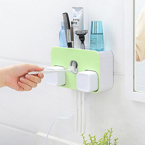 Loyogames UV Toothbrush Sterilizer Wall Mount Toothbrush Holder Sanitizer Automatic Toothpaste Dispenser Squeezer Cup Sterilizer with Two Cups for Bathroom,Green