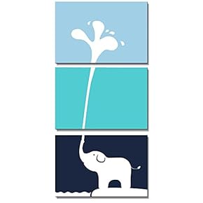 Canvas Prints Wall Art - 3 Panel Cute Baby Elephant Blowing Water Out of his Trunk - 16"x24"x3 Panels
