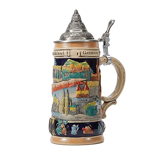 HAUCOZE Beer Stein Mug German Landmarks Drinking Viking Tankard with Petwer Lid for Birthday Gifts Men Father Husband 0.6 Liter
