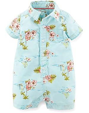 Carter's Boy S/s Tropical Beach Woven Romper; Newborn; Blue