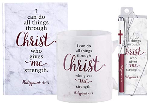 Christian Inspirational Gift Set For Women - I Can Do All Things Mug Journal Pen Bookmark