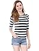Allegra K Women's Elbow Sleeves Top Round Neck Slim Fit Tee Casual Printed T-Shirt X-Large White Dark Blue