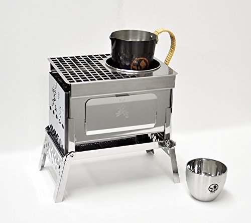 笑's Sho's B-6 Kun, Japanese compact charcoal Grill "KAN"(hot sake) Grill set, foldable hibachi, drink warm & grill plate, carafe, cup