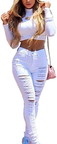 Verypoppa Women's Ripped Jeans Pencil Pants High Waisted Skinny Leggings Trousers Black White