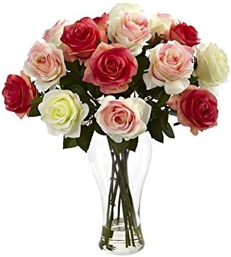 Nearly Natural Home Indoor Decorative Tabletop Fancy Assorted Blooming Roses With Vase Asstored Pastels
