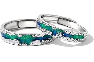 Kokoma Nothern Light Aurora Polaris Couple Rings for His & Hers Sterling Silver 925 Starry Sky Matching Promise Engagement Rings Wedding Rings Open Statement Band Adjustable
