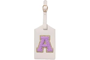 CHOIEO Initial Luggage Tag, PU Leather Luggage Tag, Embroidered Luggage Tag, Letter Luggage Tag, Monogrammed Luggage Tag, Luggage Tag for Baggage Bag Suitcase (A, White Leather+Purple Letter)