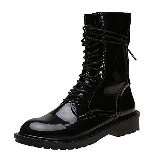 ❤Kauneus❤ Women's Mid Calf Boots Lace up Side Zipper Winter Boots Fashion Leather Black High Top Shoes - Thumbnail 7