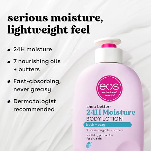 EOS SHEA BETTER BODY LOTION, FRESH & COZY, 24-HOUR MOISTURE SKIN CARE, LIGHTWEIGHT & NON-GREASY, NATURAL SHEA, VEGAN, 16 FL OZ